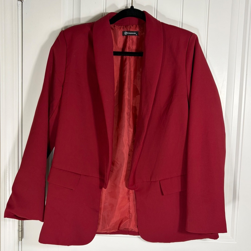 PrettyGarden Red Open Front Shawl Collar Blazer Jacket Size M 7342